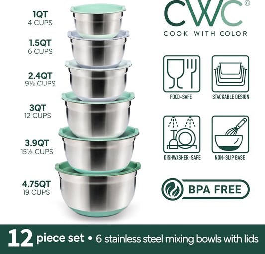Stainless Steel Mixing Bowls Set with Lids - Nesting Bowls with Non-Slip Bottom, Sage, 12 Pieces