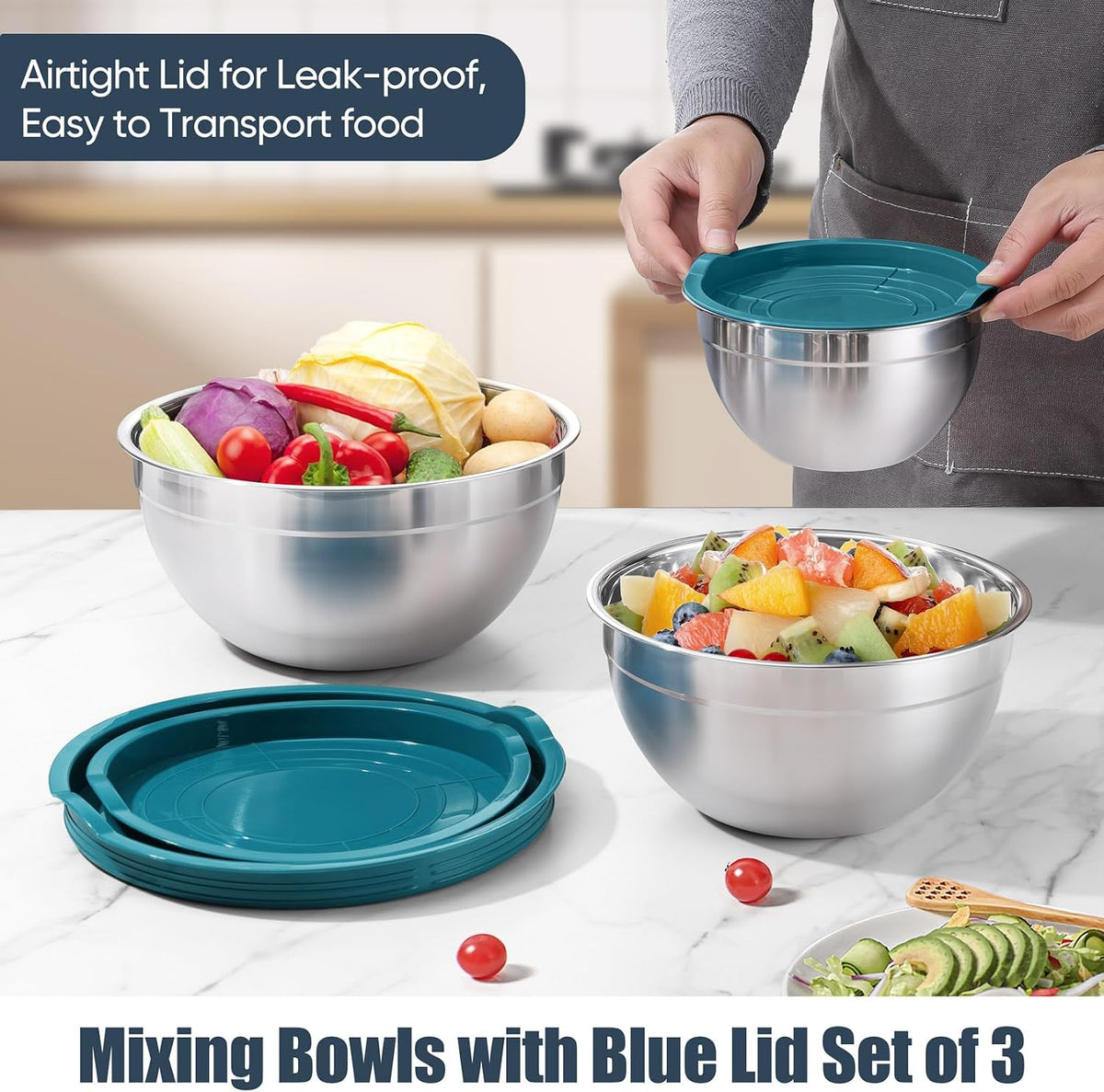 Stainless Steel Mixing Bowls with Airtight Lids, Blue