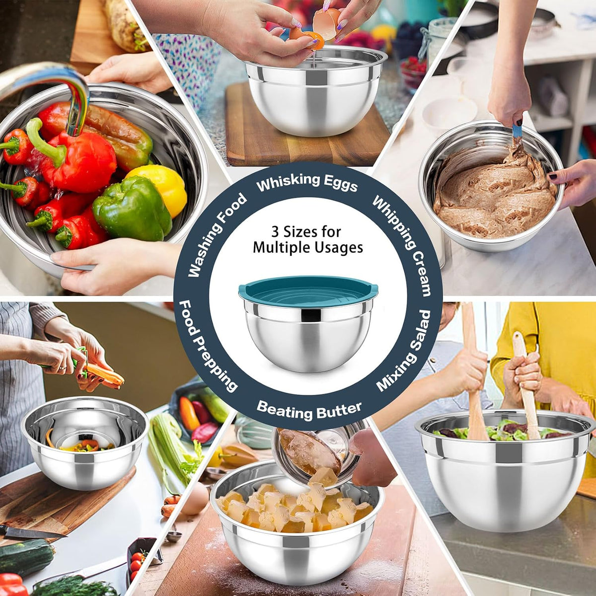 Stainless Steel Mixing Bowls with Airtight Lids, Blue
