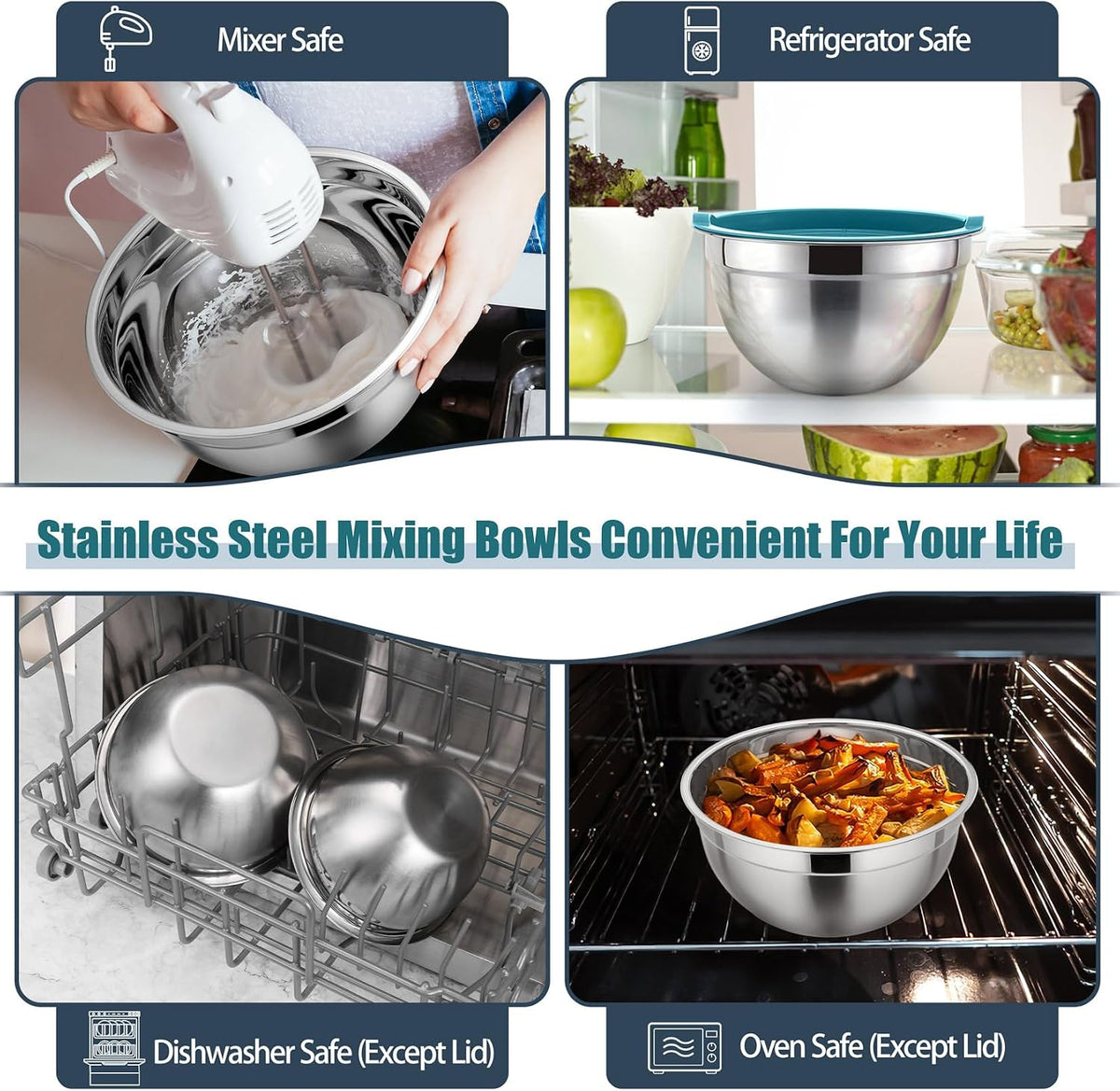 Stainless Steel Mixing Bowls with Airtight Lids, Blue