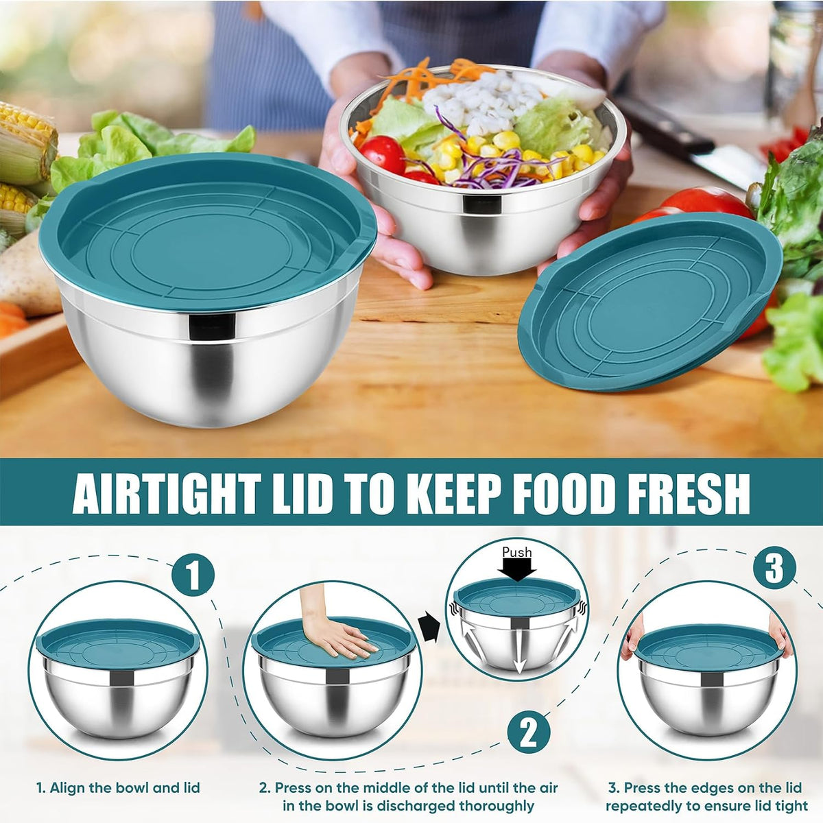 Stainless Steel Mixing Bowls with Airtight Lids, Blue