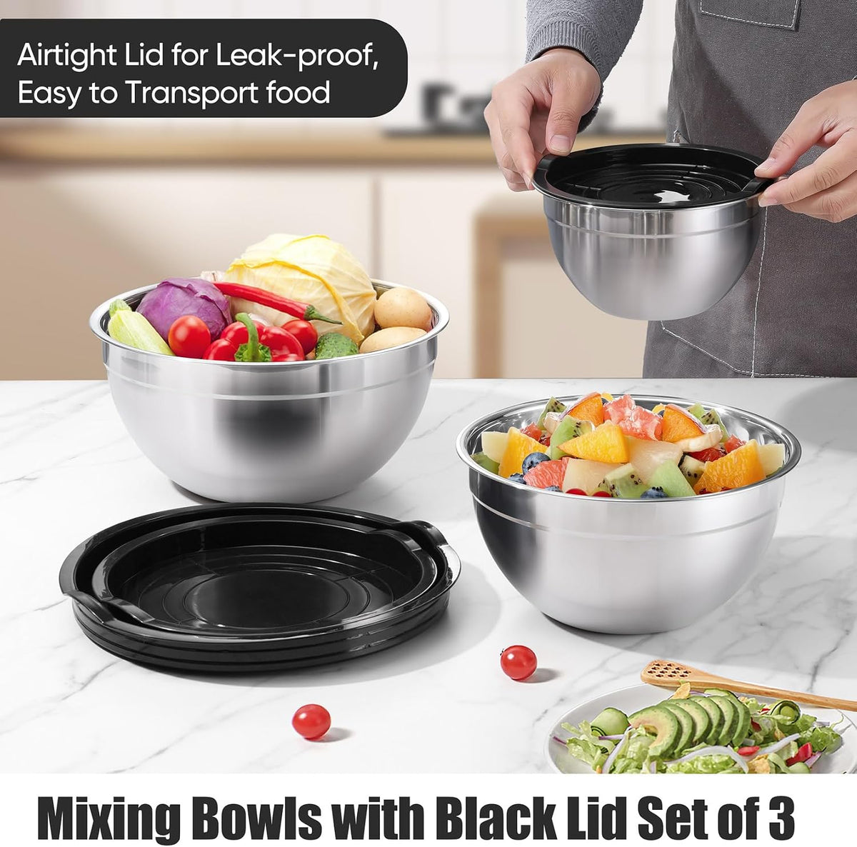 Stainless Steel Mixing Bowls with Airtight Lids, Blue