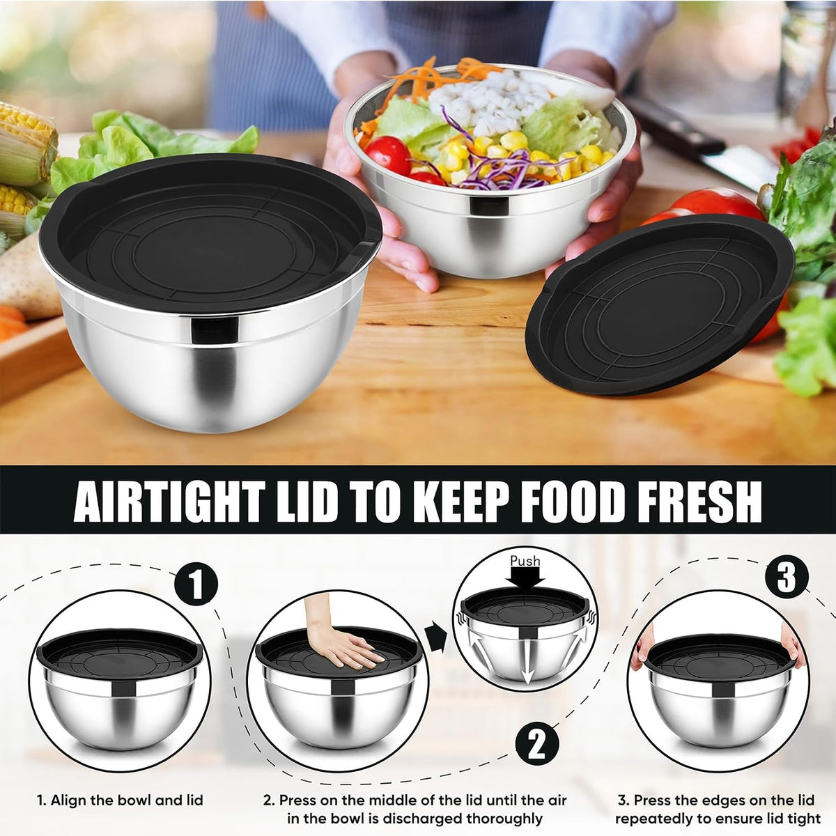 Stainless Steel Mixing Bowls with Airtight Lids, Blue