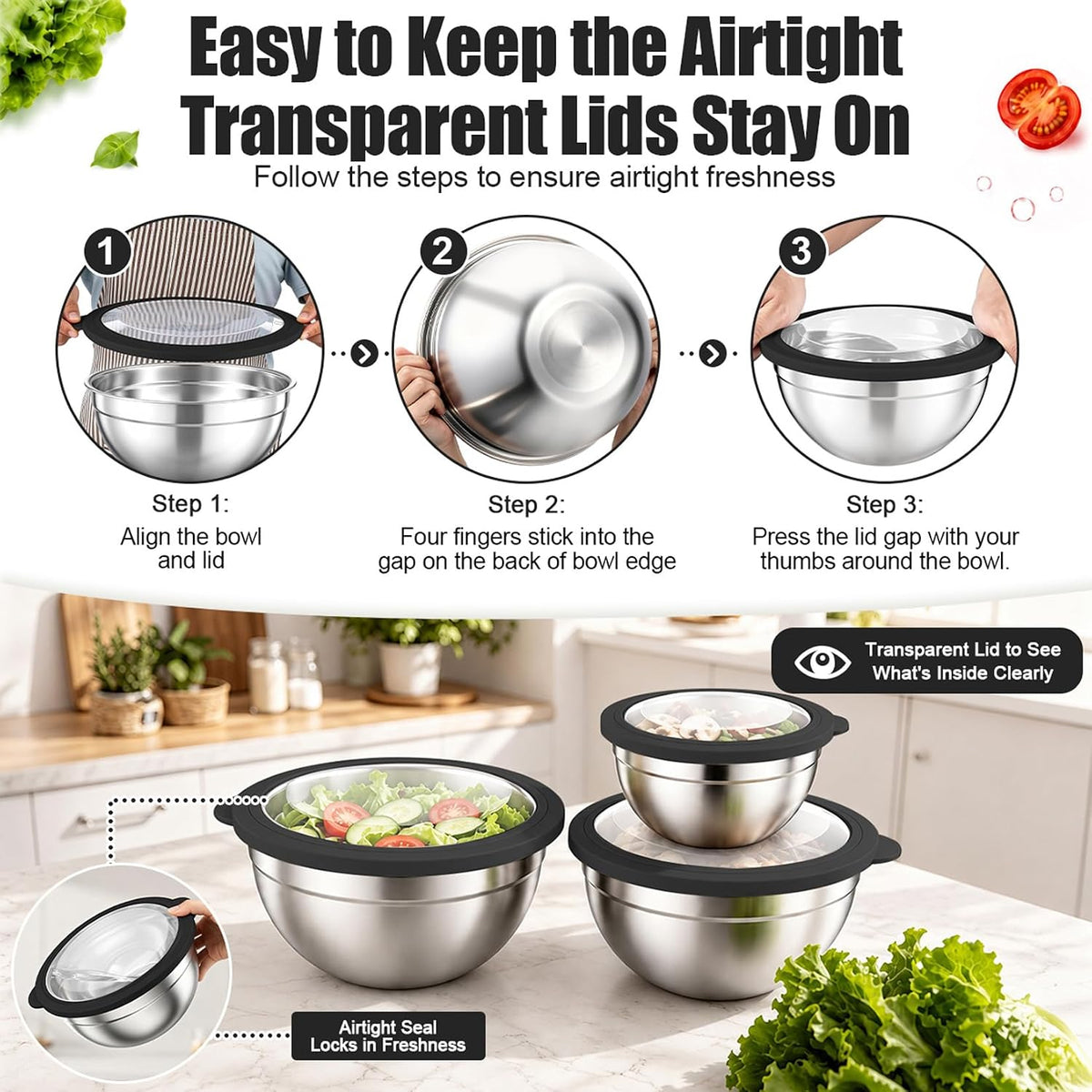 Stainless Steel Mixing Bowls with Airtight Lids, Blue