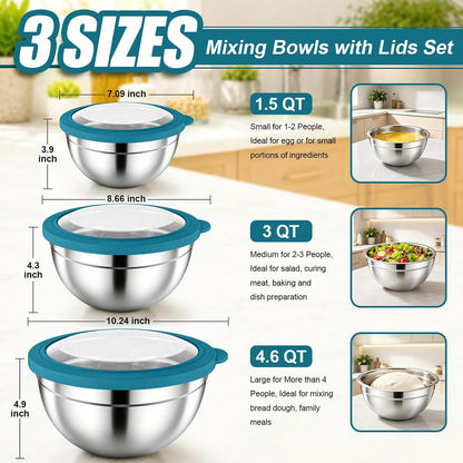 Stainless Steel Mixing Bowls with Airtight Lids, Blue