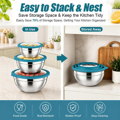 Stainless Steel Mixing Bowls with Airtight Lids, Blue