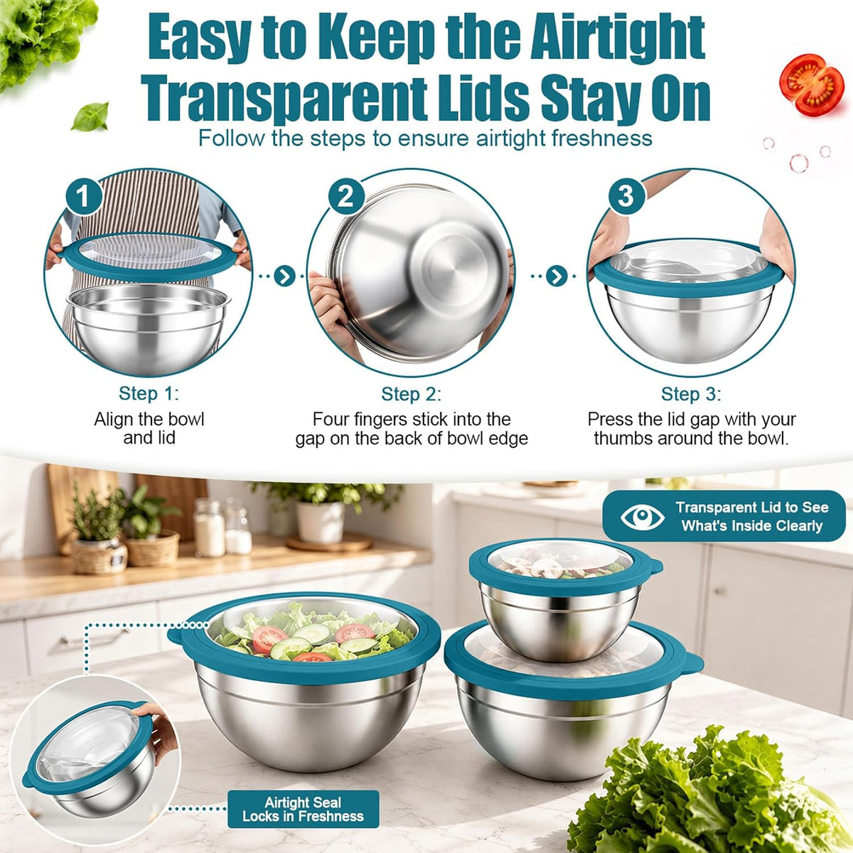 Stainless Steel Mixing Bowls with Airtight Lids, Blue