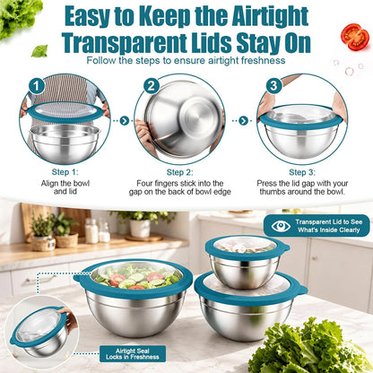 Stainless Steel Mixing Bowls with Airtight Lids, Blue