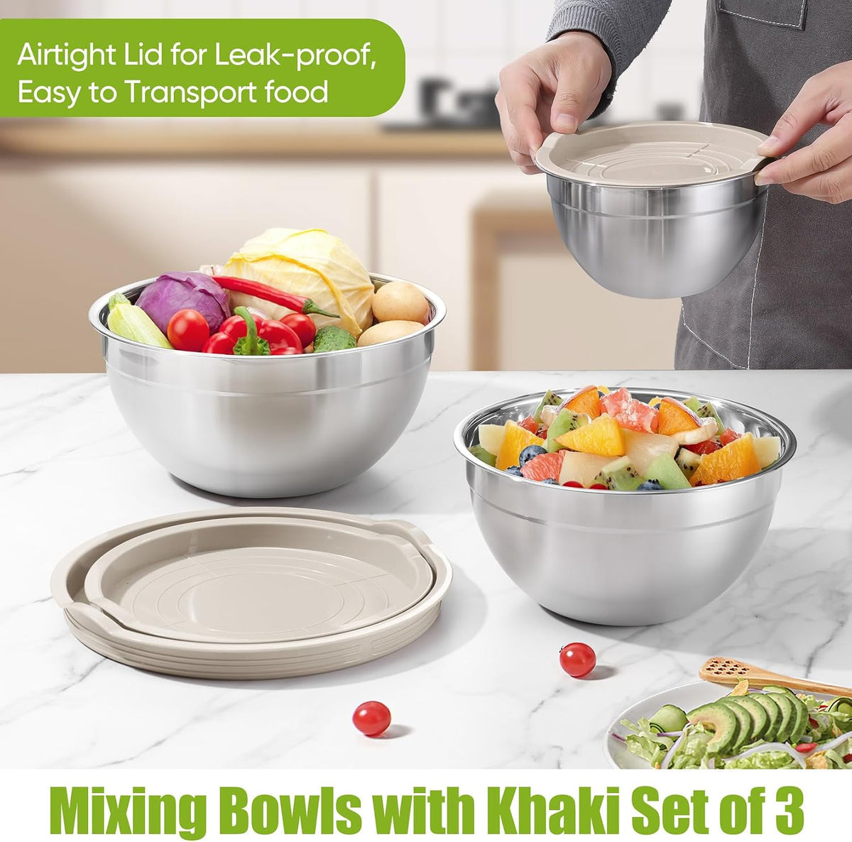 Stainless Steel Mixing Bowls with Airtight Lids, Blue