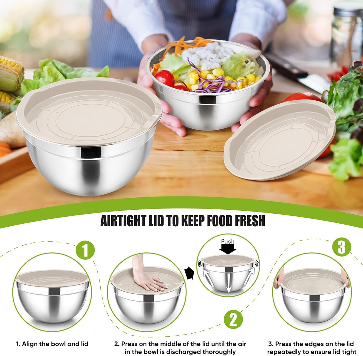 Stainless Steel Mixing Bowls with Airtight Lids, Blue