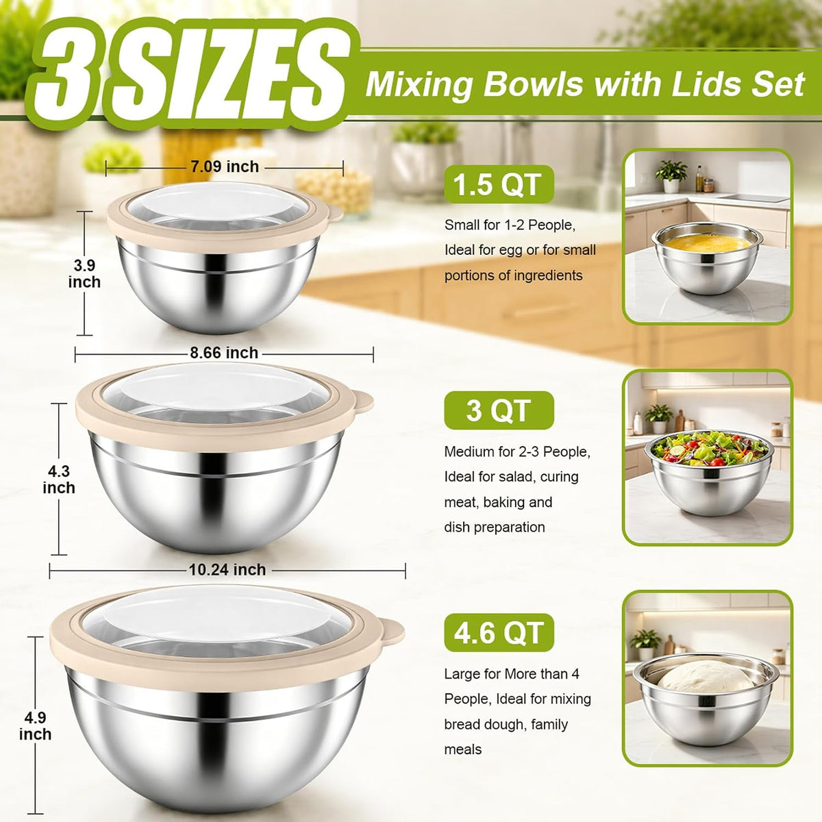 Stainless Steel Mixing Bowls with Airtight Lids, Blue