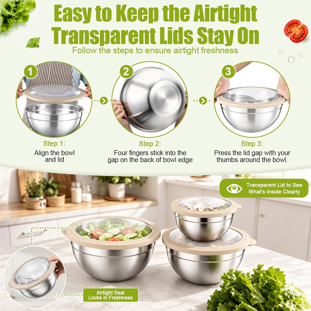 Stainless Steel Mixing Bowls with Airtight Lids, Blue