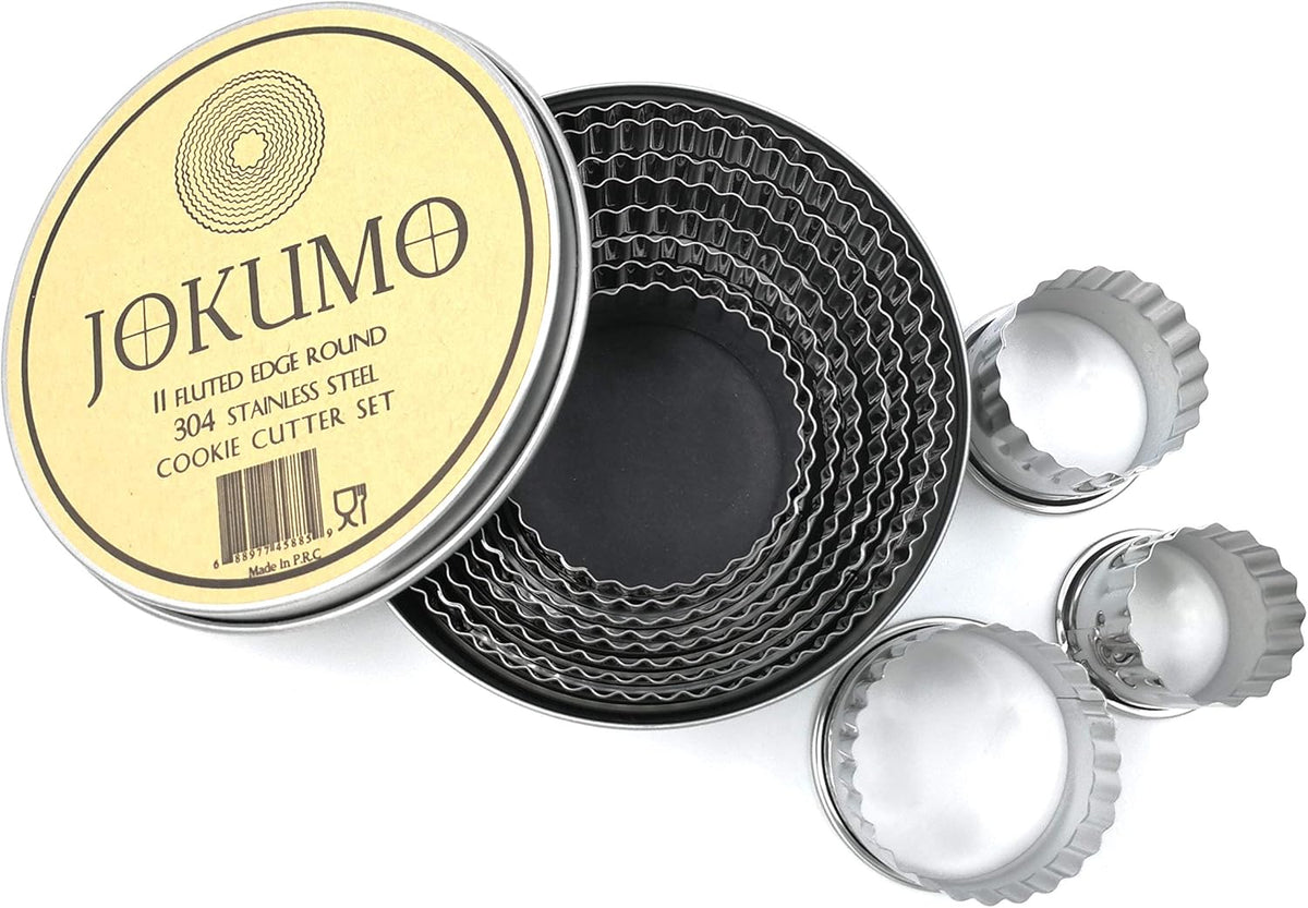 11 Piece Graduated Sizes Fluted Edge Round Pastry/Cookie Cutter Set Heavy Duty 18/8 304 Stainless Steel – Metal Engrave Size –Tin Storage Box for Scones, Pastries, Baking, Desserts, Muffins