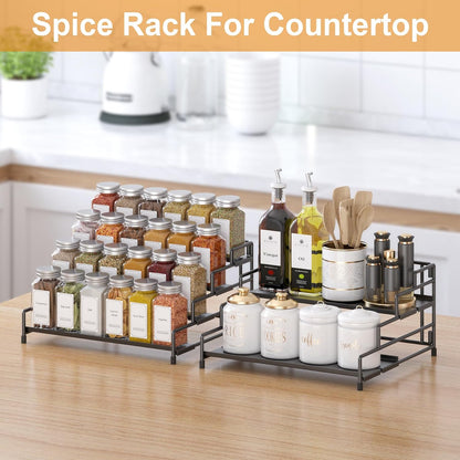 4-Tier-Spice-Rack-Organizer-for-Cabinet, Adjustable Depth Spice Holder Shelf For Countertop Pantry Cupboard, Metal Tiered Seasoning Organizer,Display Shelf Riser (Black-1 Pack)