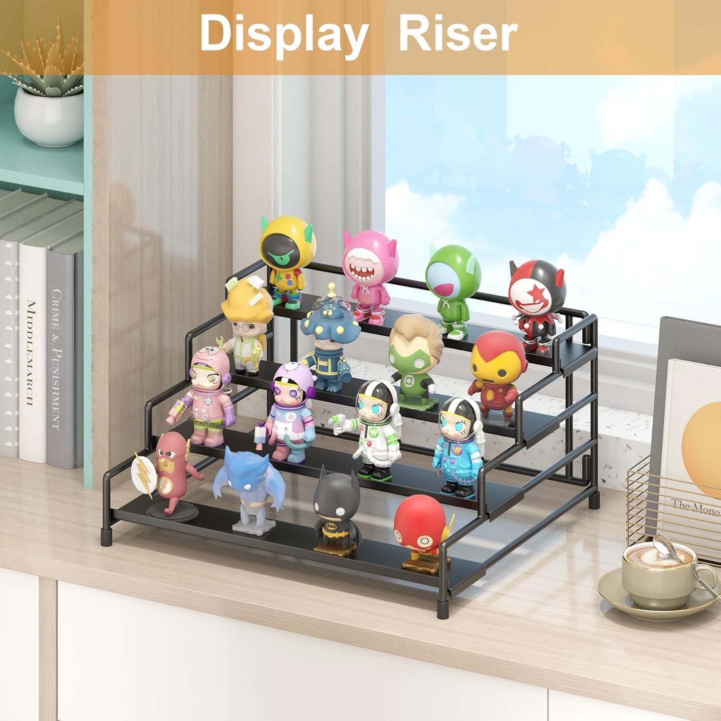 4-Tier-Spice-Rack-Organizer-for-Cabinet, Adjustable Depth Spice Holder Shelf For Countertop Pantry Cupboard, Metal Tiered Seasoning Organizer,Display Shelf Riser (Black-1 Pack)