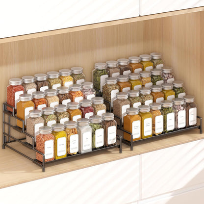 4-Tier-Spice-Rack-Organizer-for-Cabinet, Adjustable Depth Spice Holder Shelf For Countertop Pantry Cupboard, Metal Tiered Seasoning Organizer,Display Shelf Riser (Black-1 Pack)