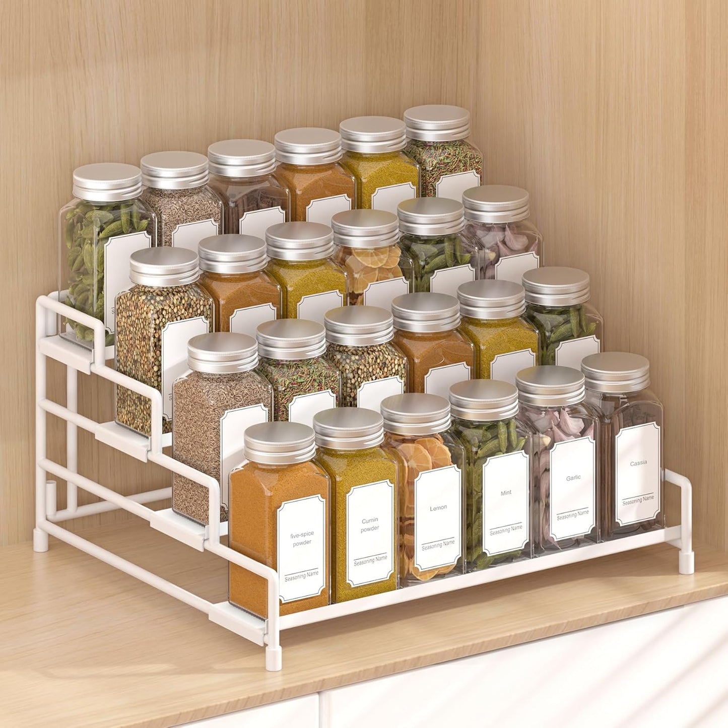 4-Tier-Spice-Rack-Organizer-for-Cabinet, Adjustable Depth Spice Holder Shelf For Countertop Pantry Cupboard, Metal Tiered Seasoning Organizer,Display Shelf Riser (Black-1 Pack)