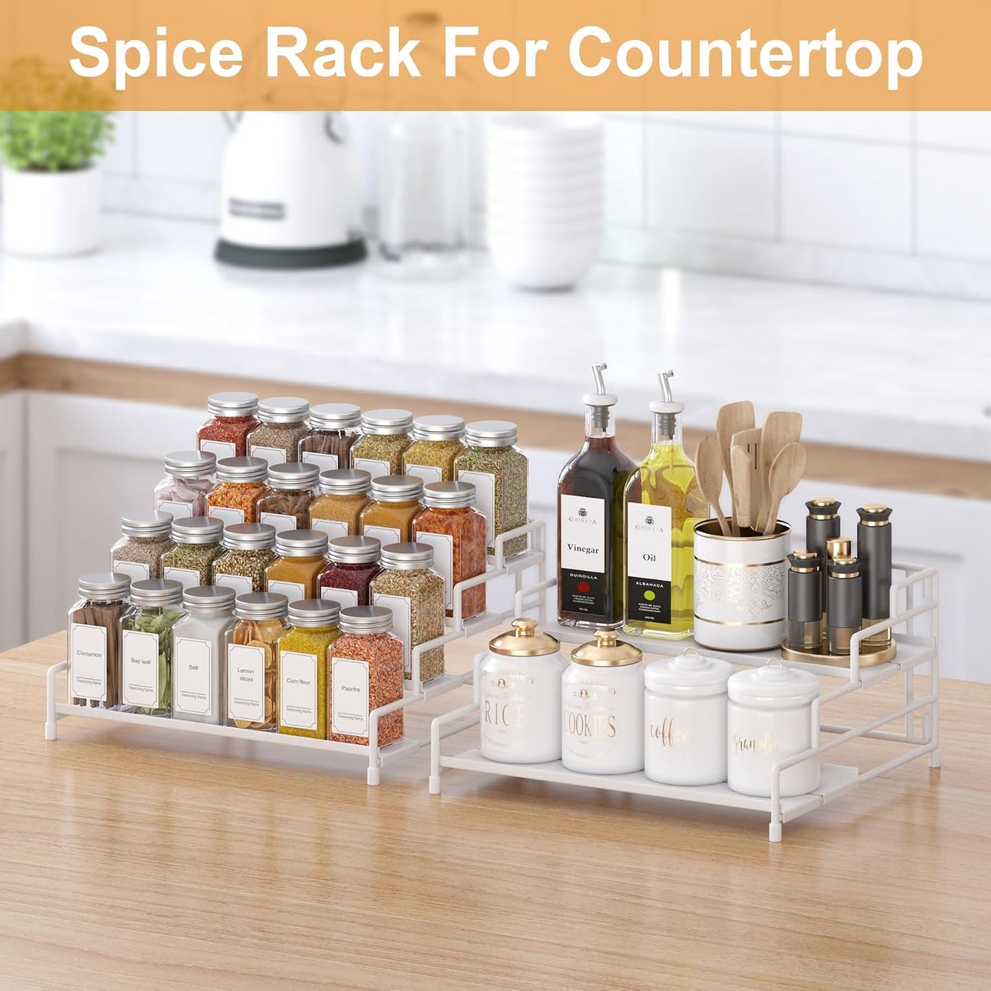 4-Tier-Spice-Rack-Organizer-for-Cabinet, Adjustable Depth Spice Holder Shelf For Countertop Pantry Cupboard, Metal Tiered Seasoning Organizer,Display Shelf Riser (Black-1 Pack)