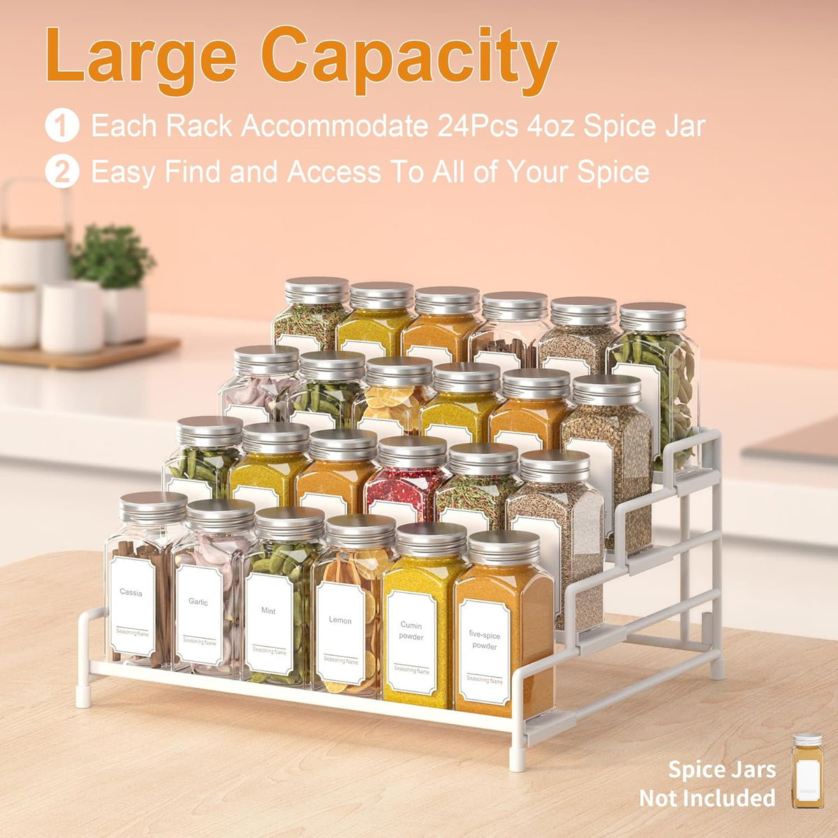 4-Tier-Spice-Rack-Organizer-for-Cabinet, Adjustable Depth Spice Holder Shelf For Countertop Pantry Cupboard, Metal Tiered Seasoning Organizer,Display Shelf Riser (Black-1 Pack)