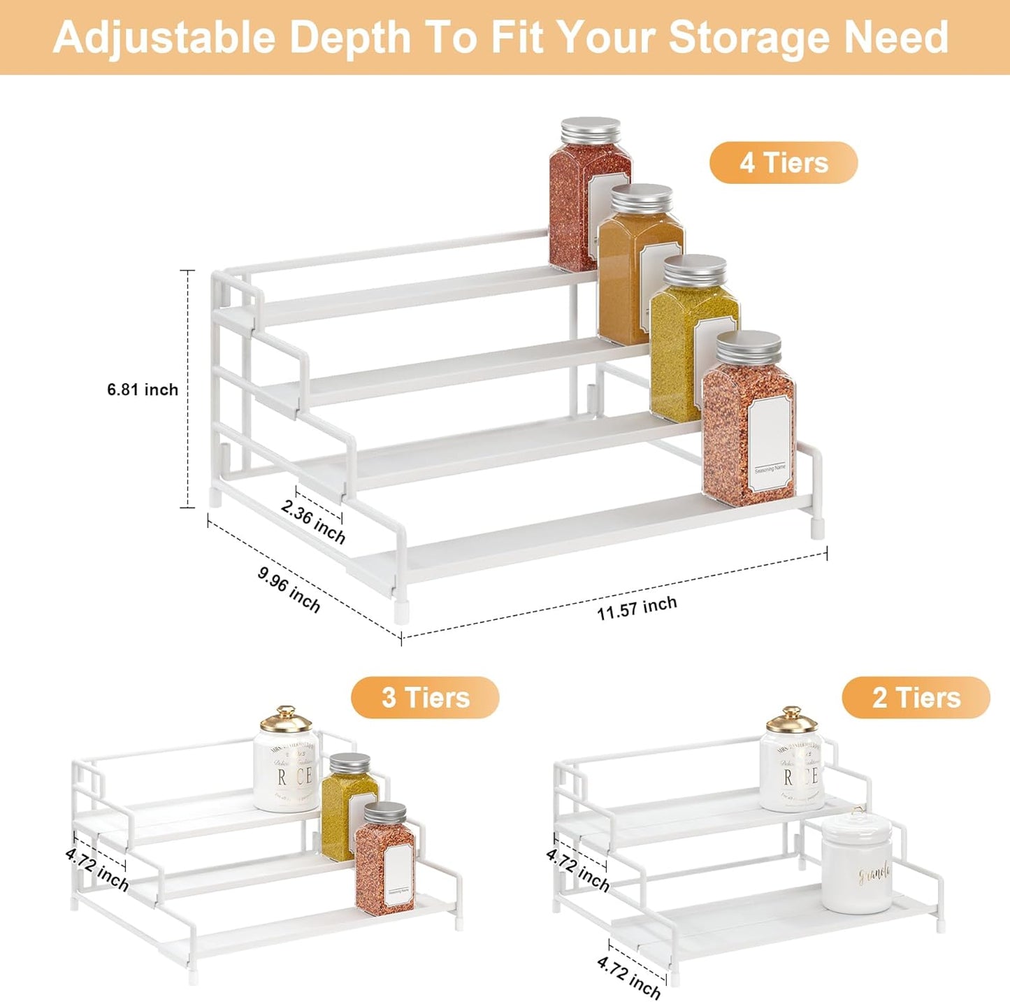 4-Tier-Spice-Rack-Organizer-for-Cabinet, Adjustable Depth Spice Holder Shelf For Countertop Pantry Cupboard, Metal Tiered Seasoning Organizer,Display Shelf Riser (Black-1 Pack)