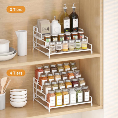 4-Tier-Spice-Rack-Organizer-for-Cabinet, Adjustable Depth Spice Holder Shelf For Countertop Pantry Cupboard, Metal Tiered Seasoning Organizer,Display Shelf Riser (Black-1 Pack)