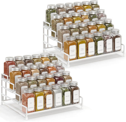 4-Tier-Spice-Rack-Organizer-for-Cabinet, Adjustable Depth Spice Holder Shelf For Countertop Pantry Cupboard, Metal Tiered Seasoning Organizer,Display Shelf Riser (Black-1 Pack)