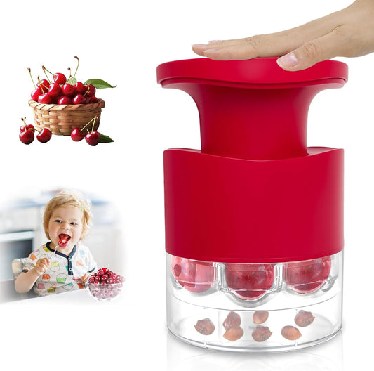 Cherry Pitter - Quick Release Multi Cherries Stoner Pitter 7-in-1, Push Button Cherr'y Core Pit'ter Tool Multiple with Splatter Protector, Pit Seed Remover for Making Jam Cherry Dishes (Red)