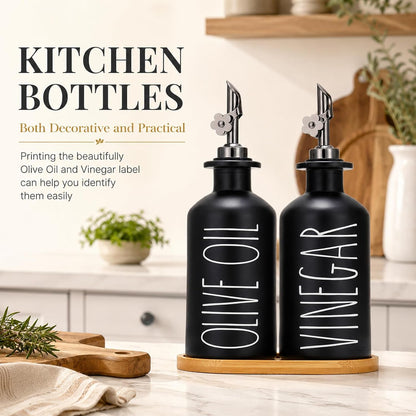 HOMCDALY Premium Olive Oil Dispenser for Kitchen, 11.8oz Glass Oil Bottles with Bamboo Tray, White and Gold Oil&Vinegar Cruet Set, Kitchen Dispenser Bottles with Pourer| Set of 2 (11.8oz –P–Gold)