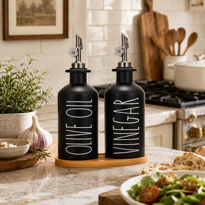 HOMCDALY Premium Olive Oil Dispenser for Kitchen, 11.8oz Glass Oil Bottles with Bamboo Tray, White and Gold Oil&Vinegar Cruet Set, Kitchen Dispenser Bottles with Pourer| Set of 2 (11.8oz –P–Gold)