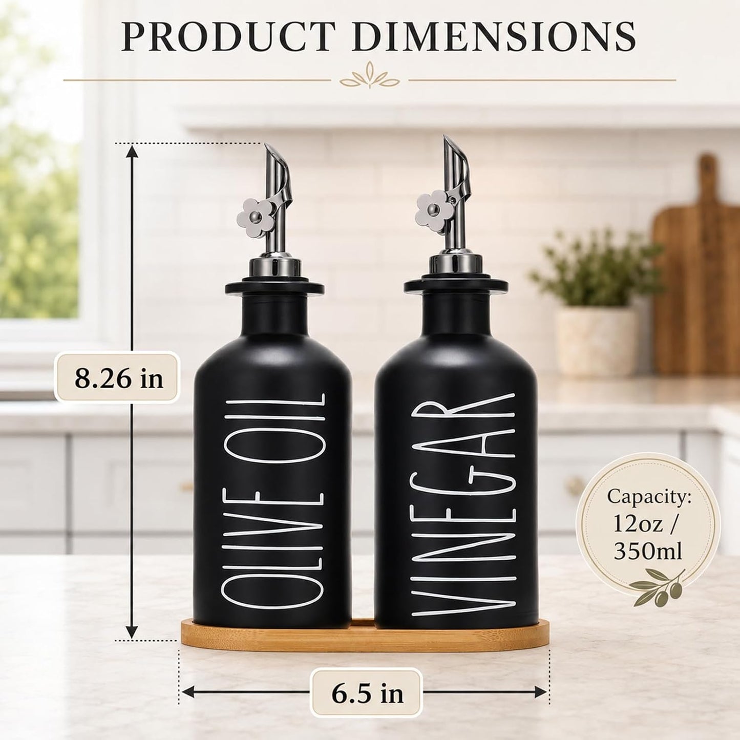 HOMCDALY Premium Olive Oil Dispenser for Kitchen, 11.8oz Glass Oil Bottles with Bamboo Tray, White and Gold Oil&Vinegar Cruet Set, Kitchen Dispenser Bottles with Pourer| Set of 2 (11.8oz –P–Gold)
