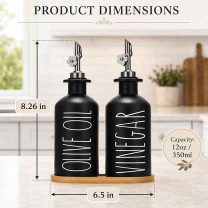 HOMCDALY Premium Olive Oil Dispenser for Kitchen, 11.8oz Glass Oil Bottles with Bamboo Tray, White and Gold Oil&Vinegar Cruet Set, Kitchen Dispenser Bottles with Pourer| Set of 2 (11.8oz –P–Gold)