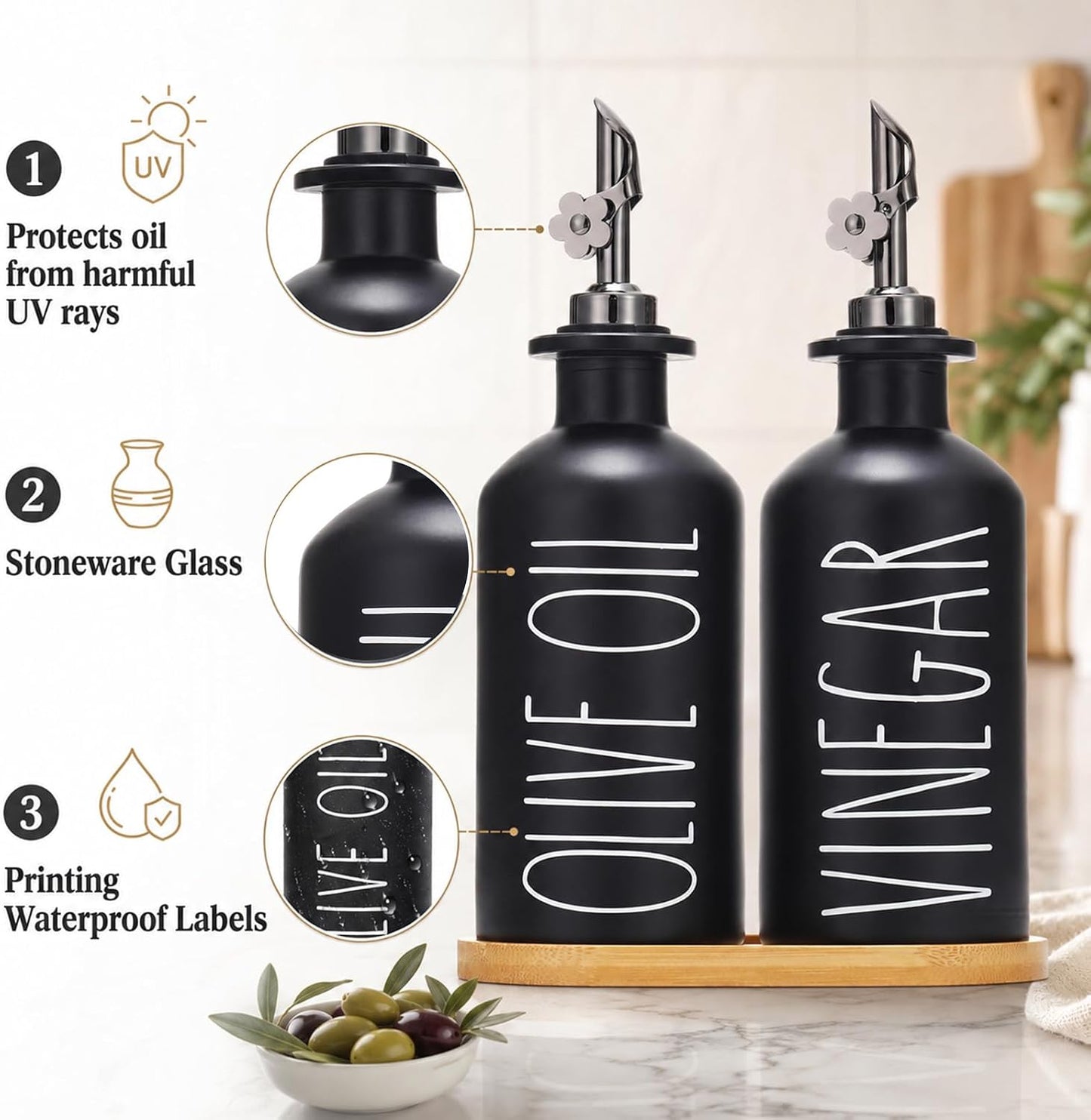 HOMCDALY Premium Olive Oil Dispenser for Kitchen, 11.8oz Glass Oil Bottles with Bamboo Tray, White and Gold Oil&Vinegar Cruet Set, Kitchen Dispenser Bottles with Pourer| Set of 2 (11.8oz –P–Gold)