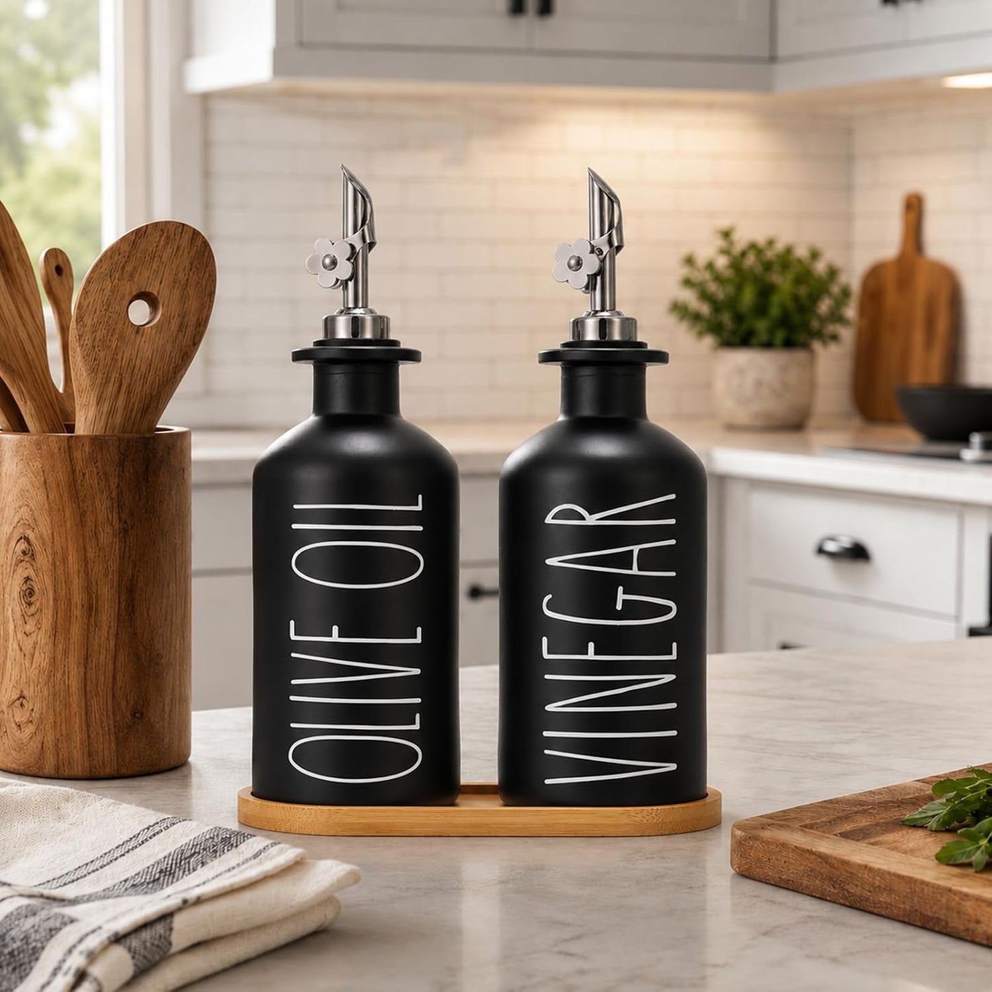 HOMCDALY Premium Olive Oil Dispenser for Kitchen, 11.8oz Glass Oil Bottles with Bamboo Tray, White and Gold Oil&Vinegar Cruet Set, Kitchen Dispenser Bottles with Pourer| Set of 2 (11.8oz –P–Gold)
