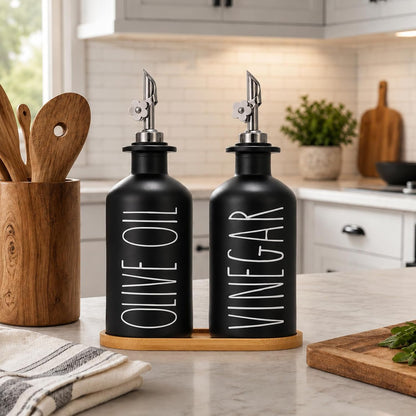 HOMCDALY Premium Olive Oil Dispenser for Kitchen, 11.8oz Glass Oil Bottles with Bamboo Tray, White and Gold Oil&Vinegar Cruet Set, Kitchen Dispenser Bottles with Pourer| Set of 2 (11.8oz –P–Gold)