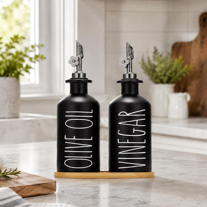 HOMCDALY Premium Olive Oil Dispenser for Kitchen, 11.8oz Glass Oil Bottles with Bamboo Tray, White and Gold Oil&Vinegar Cruet Set, Kitchen Dispenser Bottles with Pourer| Set of 2 (11.8oz –P–Gold)