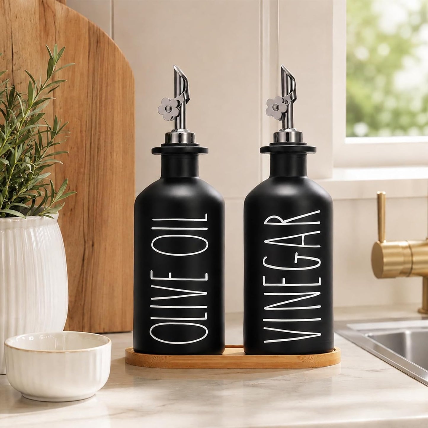 HOMCDALY Premium Olive Oil Dispenser for Kitchen, 11.8oz Glass Oil Bottles with Bamboo Tray, White and Gold Oil&Vinegar Cruet Set, Kitchen Dispenser Bottles with Pourer| Set of 2 (11.8oz –P–Gold)