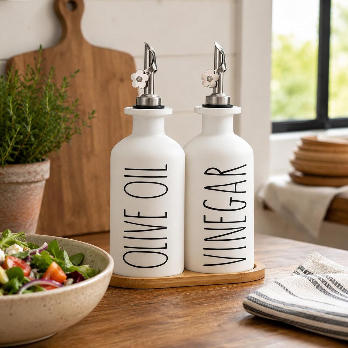 HOMCDALY Premium Olive Oil Dispenser for Kitchen, 11.8oz Glass Oil Bottles with Bamboo Tray, White and Gold Oil&Vinegar Cruet Set, Kitchen Dispenser Bottles with Pourer| Set of 2 (11.8oz –P–Gold)