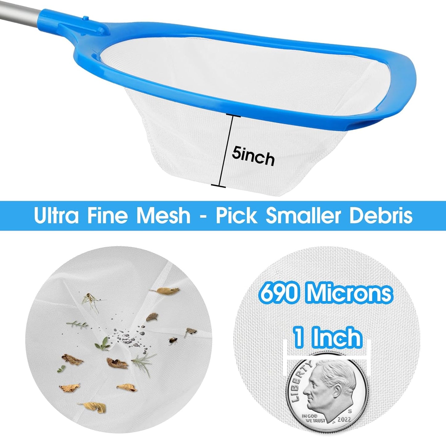 Pool Skimmer Hot Tub Skimmer Spa Net with 12'' Aluminum Pole Ultra Fine Mesh Pool Net Handy Leaf Skimmer for Small Pools Fine Debris