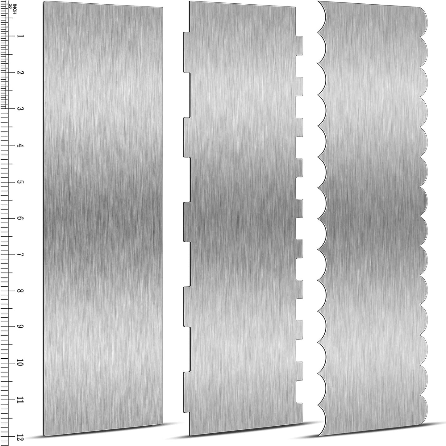 3 Pcs 12 Inch Cake Scraper Smoother Stainless Steel Cake Scraper Metal Large Double Sided Patterned Edge Decorating Comb Icing Smoother for Mousse Butter Cream Dessert Decoration