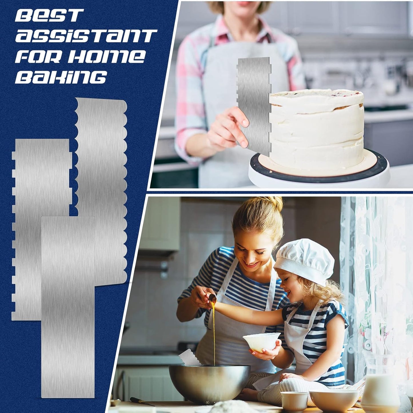 3 Pcs 12 Inch Cake Scraper Smoother Stainless Steel Cake Scraper Metal Large Double Sided Patterned Edge Decorating Comb Icing Smoother for Mousse Butter Cream Dessert Decoration