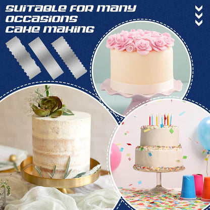 3 Pcs 12 Inch Cake Scraper Smoother Stainless Steel Cake Scraper Metal Large Double Sided Patterned Edge Decorating Comb Icing Smoother for Mousse Butter Cream Dessert Decoration