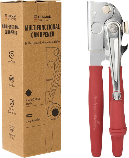 Stainless Steel Magnetic Manual Can Opener - German Standard Red Crank Can Opener with Magnet, Ergonomic Handles, Non-Slip - Heavy-Duty Hand Can Opener, Easy Turn, Sharp Blade