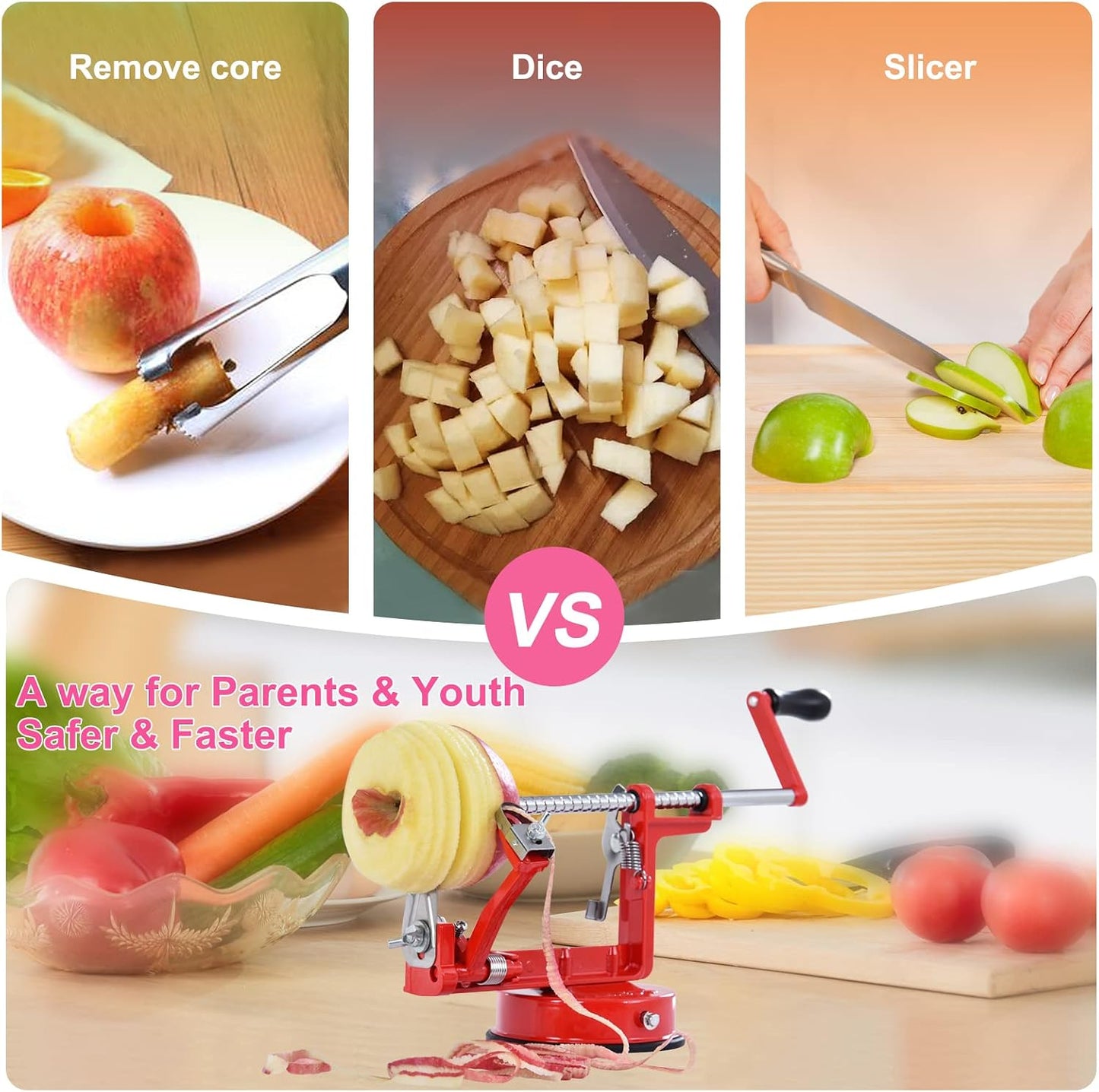 Apple Peeler, Slicer Corer Potato Peelers 3 In 1, Stainless Steel Heavy Duty with Suction Cup Base And 3 Extra Blades (Red)