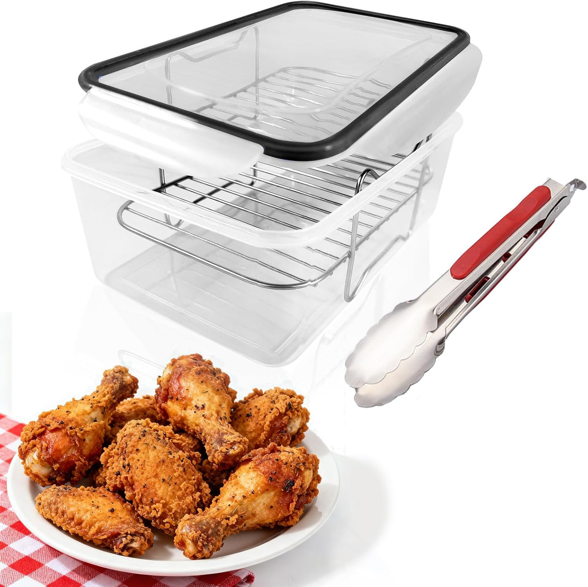 Batter Bowl with Tongs and Lid, No Mess Breading Station | Breader Bowl for Seasoning and Storage, Chicken, Pork, Salad, Meal Prep, Flip Design, Easy Clean