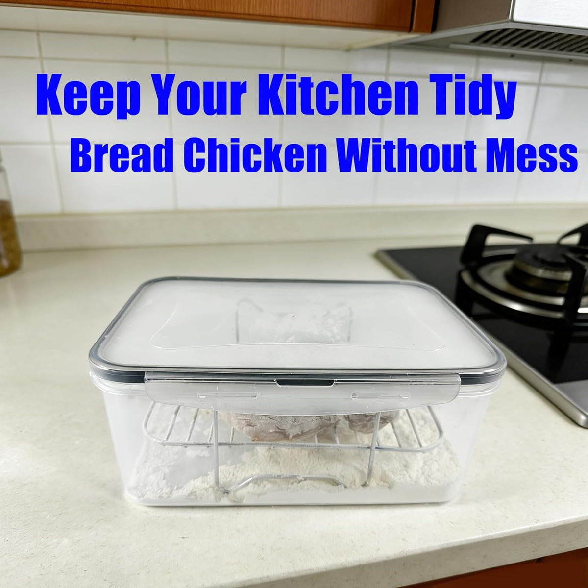 Batter Bowl with Tongs and Lid, No Mess Breading Station | Breader Bowl for Seasoning and Storage, Chicken, Pork, Salad, Meal Prep, Flip Design, Easy Clean