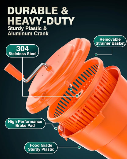 Commercial Salad Spinner - 6 Gallon Salad Dryer w/Silicone Draining Hose, Orange, 24Qt Manual Salad Spinner for up to 7 Heads of Lettuce Spinner Large for Catering