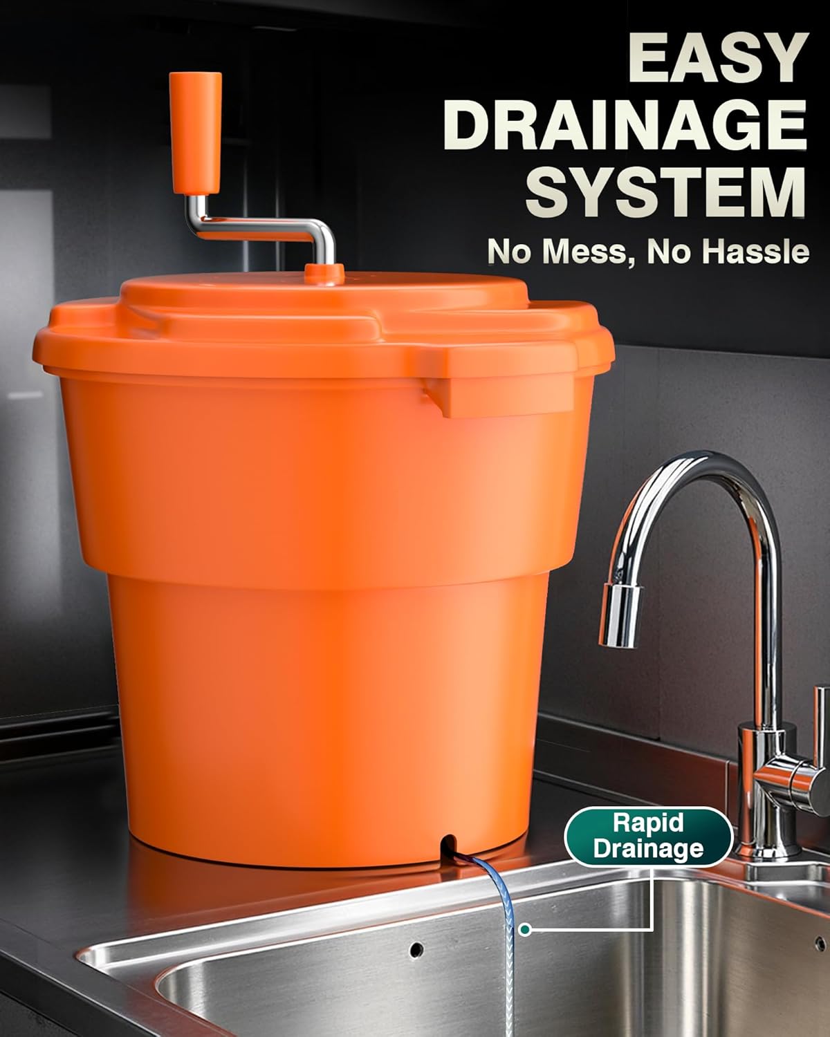 Commercial Salad Spinner - 6 Gallon Salad Dryer w/Silicone Draining Hose, Orange, 24Qt Manual Salad Spinner for up to 7 Heads of Lettuce Spinner Large for Catering