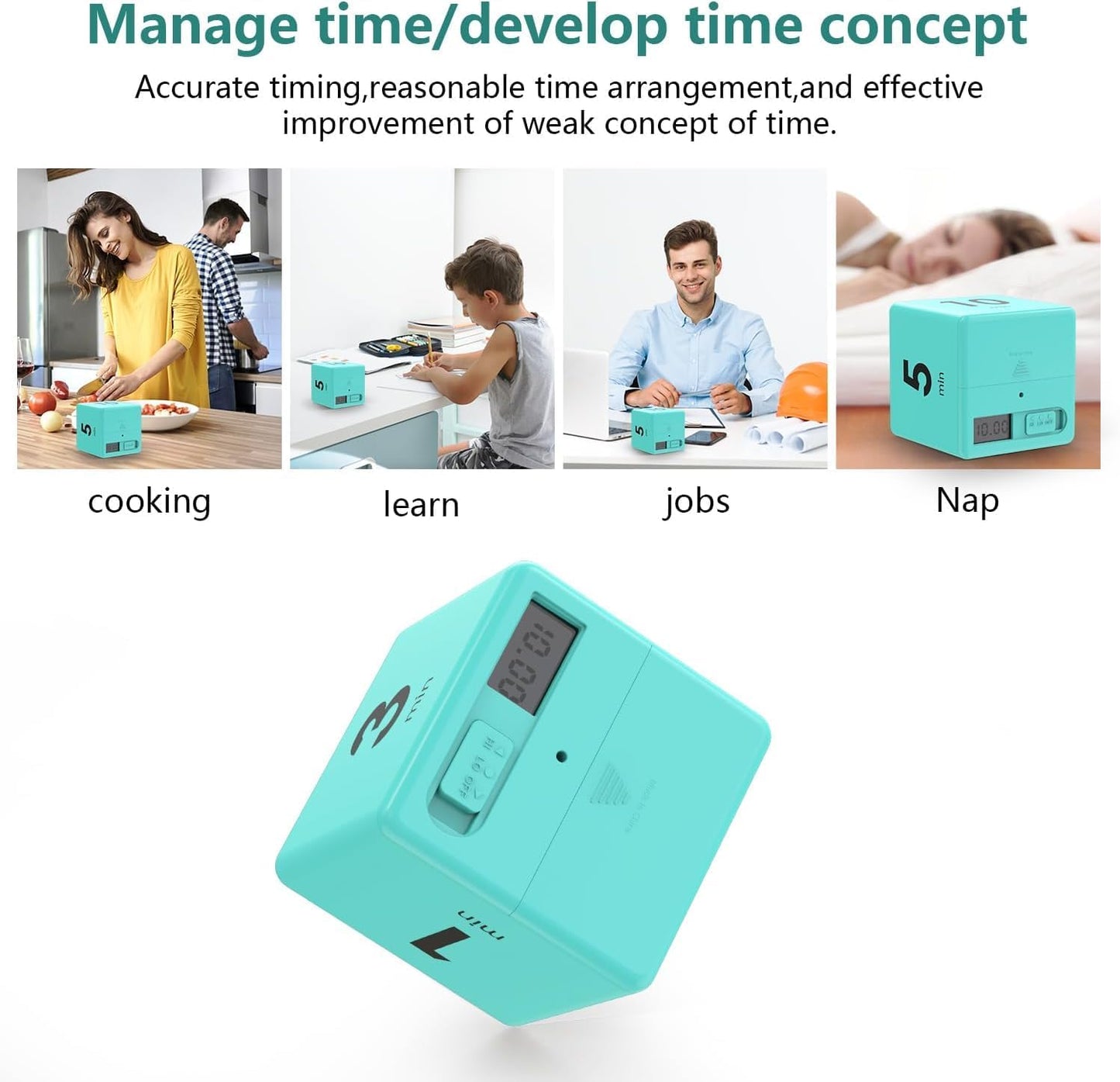 Cube Timer, Gravity Flip Kitchen Timer for Time Management and Countdown Settings 1-3-5-10 Minutes (Mint)