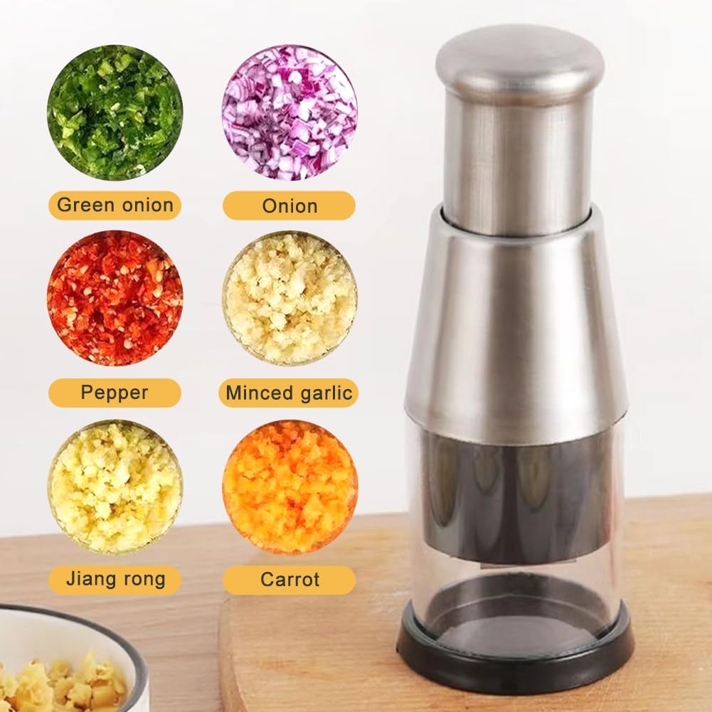 Manual Food Chopper, Compact Mini Dicer Stainless Steel Pressed Garlic Chopper, Functional Handheld Garlic Crusher Press for Mincing Potato, Slicing Peppers and Onions, Labor Saving