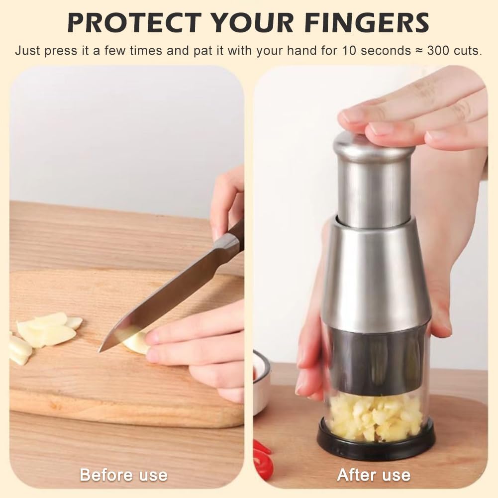 Manual Food Chopper, Compact Mini Dicer Stainless Steel Pressed Garlic Chopper, Functional Handheld Garlic Crusher Press for Mincing Potato, Slicing Peppers and Onions, Labor Saving